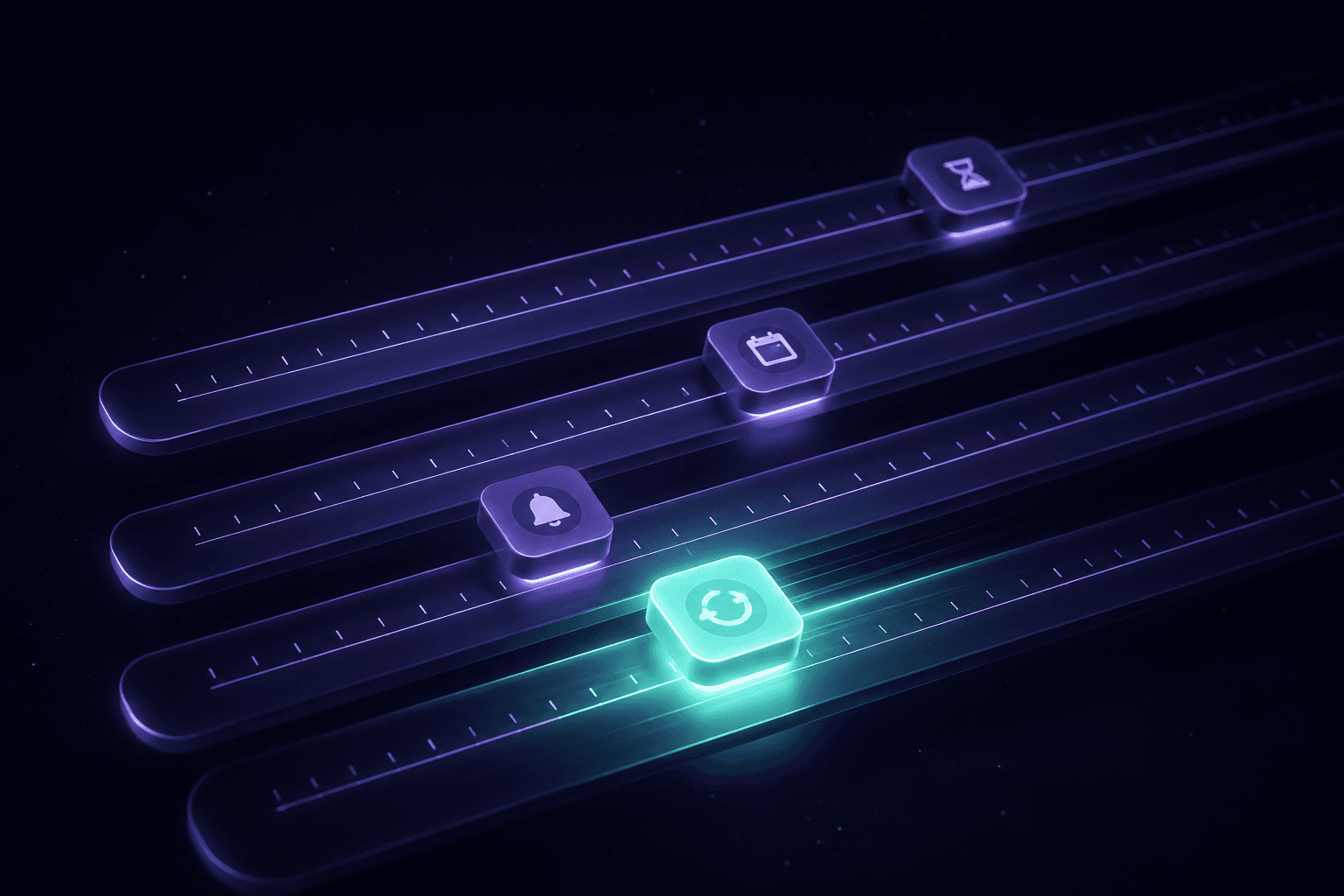 Isometric platform with four model tiles feeding a glowing core